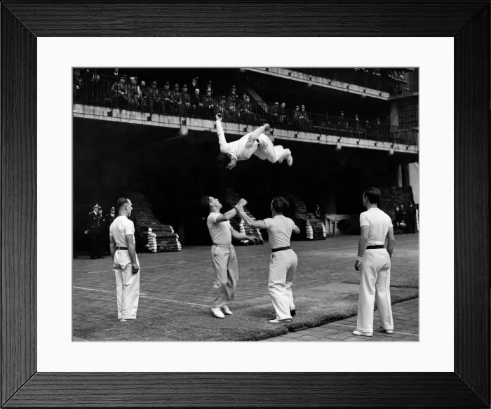 Framed Print : Firemens Agility display team giving demonstration. June 1942 P009980 Framed Print : Firemens Agility display team giving demonstration. June 1942 P009980