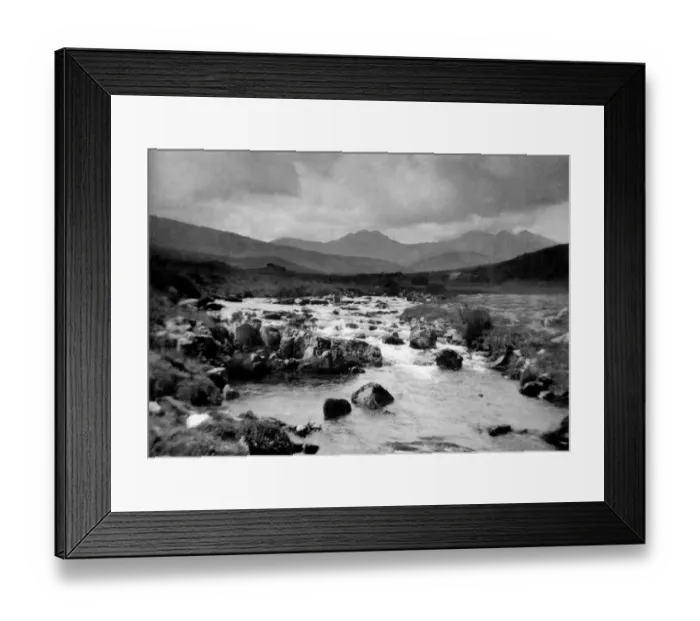 Framed Print : North Wales a turbulent stream races towards the sea with Snowdon dominating Framed Print : North Wales a turbulent stream races towards the sea with Snowdon dominating