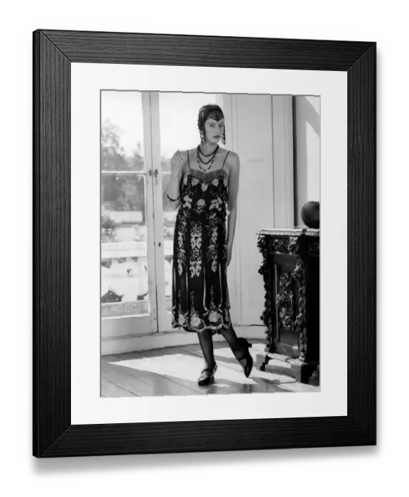 Framed Print : 1920s fashions: Beaded flapper dress and skull cap with neat T-bar shoes