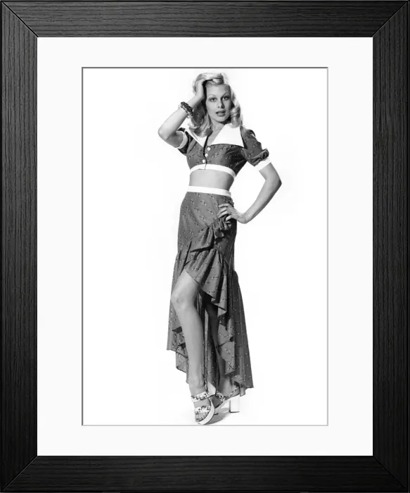 Framed Print : Jill Johnson modelling matching beach skirt and top June 1973 P008452 Framed Print : Jill Johnson modelling matching beach skirt and top June 1973 P008452