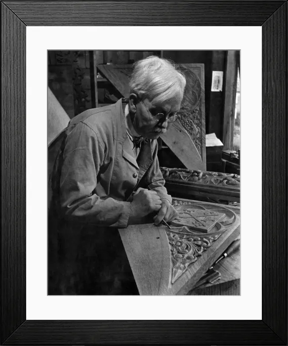 Framed Print : Woodcarving: Mr. Donalson carving at the Old World Carving