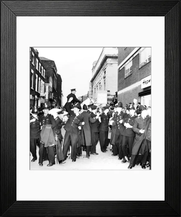Framed Print : Police try to control fans in the streets of Liverpool before the premiere of the Beatles