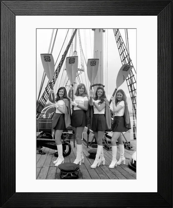 Framed Print : Henley Regatta goes commercial. To announce the Awards, 4 lovely girls boarded HMS Framed Print : Henley Regatta goes commercial. To announce the Awards, 4 lovely girls boarded HMS