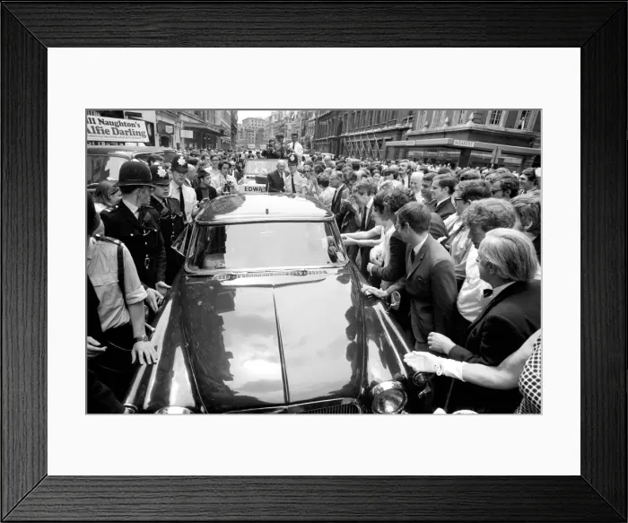 Framed Print : Edward Heath after his Victory: Edward Heath in his car as crowds mass round him in