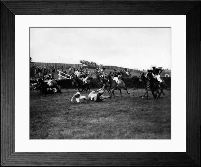 Framed Print : At the first fence in the 1953 Grand National Tim Moloney (white breeches