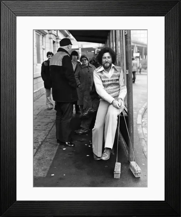 Framed Print : Brick Fancier... Dave Marshall with his pets at the bus stop. January 1980 P009423 Framed Print : Brick Fancier... Dave Marshall with his pets at the bus stop. January 1980 P009423