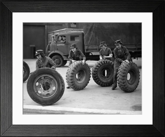 Framed Print : Who pinched the lorry? ATS girls at Western Command Ordinance factory rolling out tyres Framed Print : Who pinched the lorry? ATS girls at Western Command Ordinance factory rolling out tyres