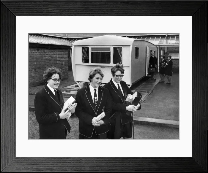 Framed Print : Schools: Luxury caravan used by sixth farm at Hertford Girl