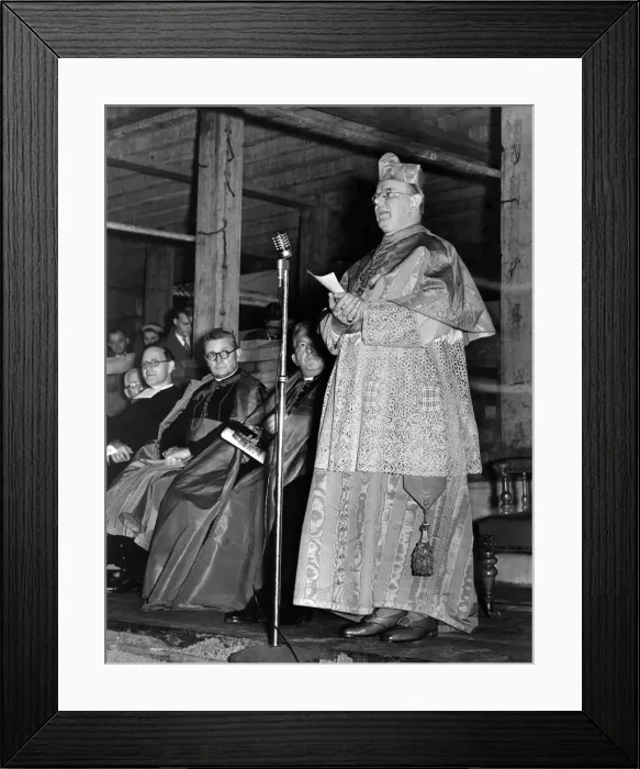 Framed Print : Cardinal Griffin addresses the gathering after laying the foundation stone of the new De Framed Print : Cardinal Griffin addresses the gathering after laying the foundation stone of the new De