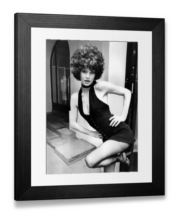 Framed Print : British model Vicki Hodge wearing little black shorts dress by Jean Patou. Note The J. P