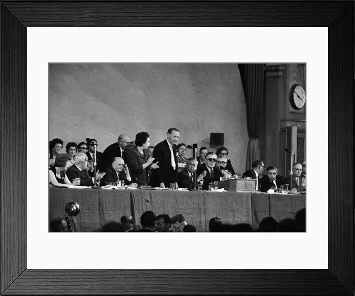 Framed Print : Hugh Gaitskill after his speech to conference is applauded by Harold Wilson with Crossman