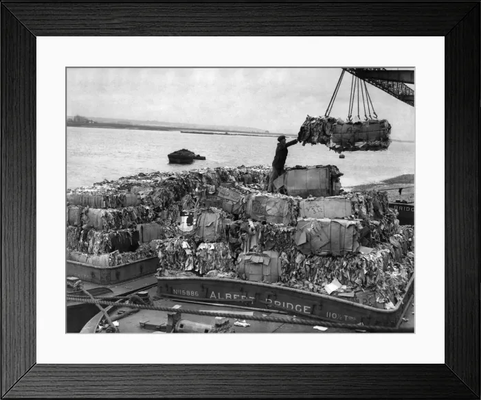 Framed Print : These barges of waste-paper have arrived at their destination giant gantry cranes lift Framed Print : These barges of waste-paper have arrived at their destination giant gantry cranes lift