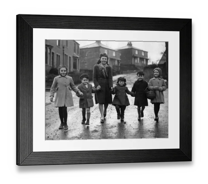Framed Print : World war II Women: Domestic scene mother and children take a walk in the village