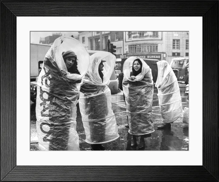 Framed Print : Clothing. Rainwear. Four rain shells. Exhibiting them Framed Print : Clothing. Rainwear. Four rain shells. Exhibiting them