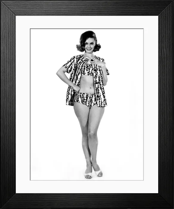 Framed Print : Reveille fashions 1963: Annie Hayes modelling leaf print bikini and match beach jacket Framed Print : Reveille fashions 1963: Annie Hayes modelling leaf print bikini and match beach jacket