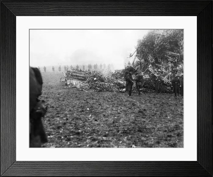 Framed Print : World War One: Soldiers inspect the wreckage of Zeppelin L31 Framed Print : World War One: Soldiers inspect the wreckage of Zeppelin L31