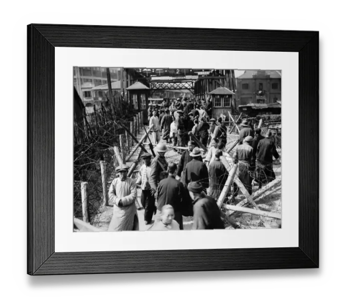 Framed Print : Shanghai. Markham Bridge during daylight hours. Guardsmen policing the constant crowd of