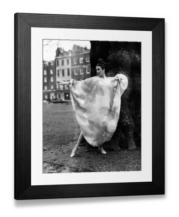 Framed Print : For evening wear Penny Carter models a Delarbi in silk with sunburst colours