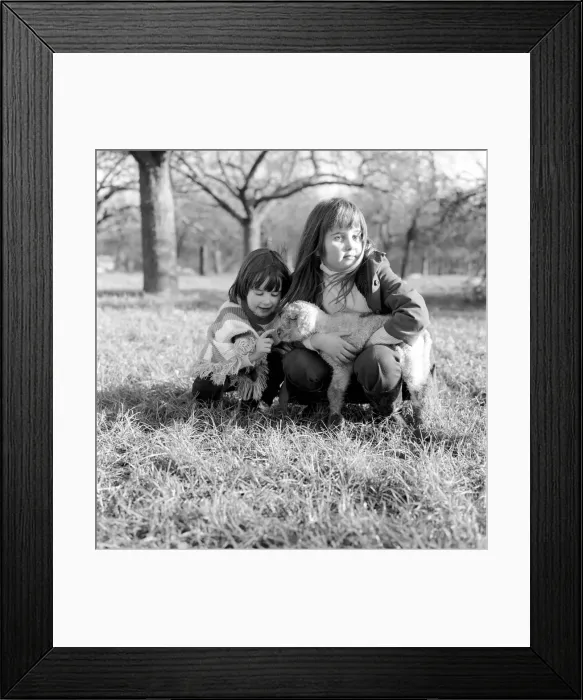 Framed Print : Young girls with spring lambs in Kent. January 1975 75-00492-001 Framed Print : Young girls with spring lambs in Kent. January 1975 75-00492-001