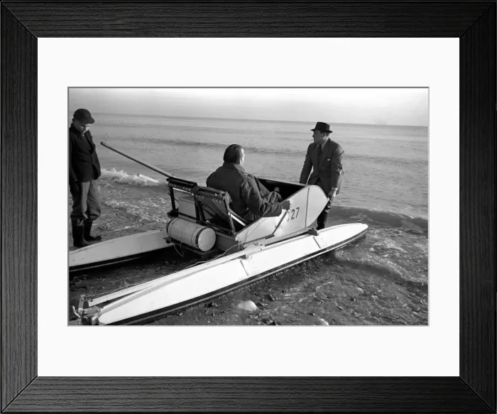 Framed Print : Mr. Du - Preaine setting out on crop channel trip in pedal boat. January 1953 D437-003 Framed Print : Mr. Du - Preaine setting out on crop channel trip in pedal boat. January 1953 D437-003