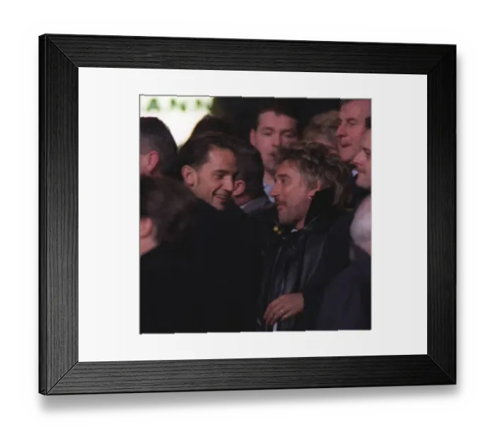 Framed Print : Rod Stewart pop star shares a joke with Dean Holdsworth Wimbledon footballer at a Celtic