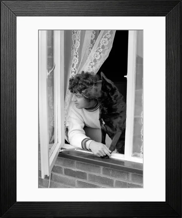 Framed Print : Alan Learmouth and Dog Dollar': Alan and aDollare keep watch at the window for Framed Print : Alan Learmouth and Dog Dollar': Alan and aDollare keep watch at the window for