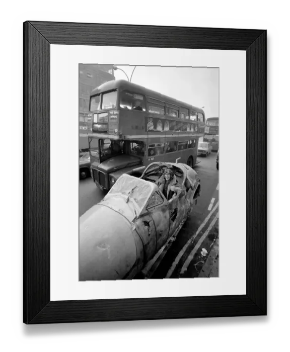 Framed Print : Aircraft arrives in Whitechapel High Street for art show. February 1975 75-01071 Framed Print : Aircraft arrives in Whitechapel High Street for art show. February 1975 75-01071