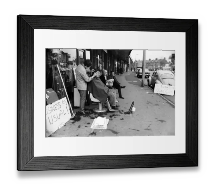 Framed Print : Unusual / Humour: Outdoor Haircuts: Docker Joe White having a haircut Framed Print : Unusual / Humour: Outdoor Haircuts: Docker Joe White having a haircut