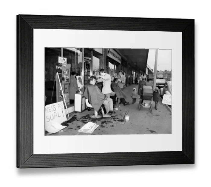 Framed Print : Unusual / Humour: Outdoor Haircuts: Docker Joe White having a haircut Framed Print : Unusual / Humour: Outdoor Haircuts: Docker Joe White having a haircut