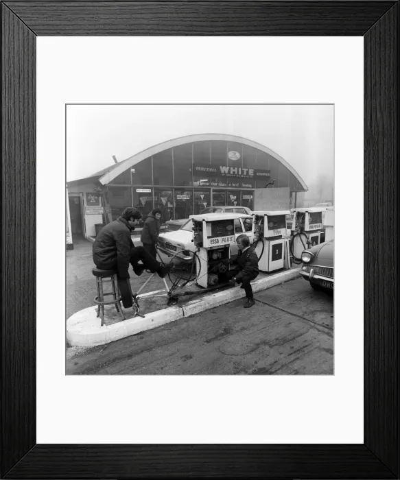 Framed Print : Unusual / Humour / Car. Due to the Electricians strike the petrol pumps at White Service Framed Print : Unusual / Humour / Car. Due to the Electricians strike the petrol pumps at White Service