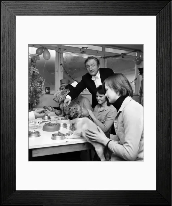 Framed Print : Dog Owners and their pets seen here having a Christmas party as actor Ronald Fraser acts Framed Print : Dog Owners and their pets seen here having a Christmas party as actor Ronald Fraser acts