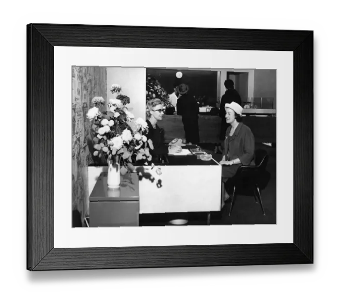 Framed Print : The Manageress of the ladies only bank, Miss. Margaret Reid (wearing glasses)