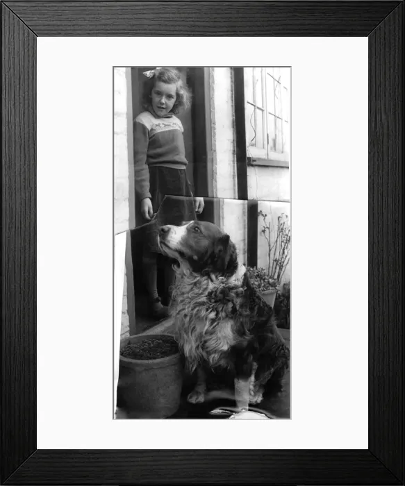 Framed Print : Animals: Dogs. Vic'of Angmering, Sussex with a little girl on the doorstep Framed Print : Animals: Dogs. Vic'of Angmering, Sussex with a little girl on the doorstep
