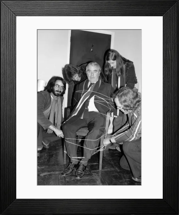 Framed Print : Miners leader Joe Gormley with students. March 1975 75-01237-003 Framed Print : Miners leader Joe Gormley with students. March 1975 75-01237-003