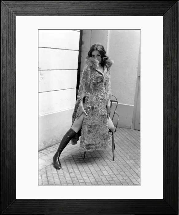 Framed Print : Paris fashions: Pix taken at Torrente: - Caroline, wearing shrimp coloured broadtail cape Framed Print : Paris fashions: Pix taken at Torrente: - Caroline, wearing shrimp coloured broadtail cape