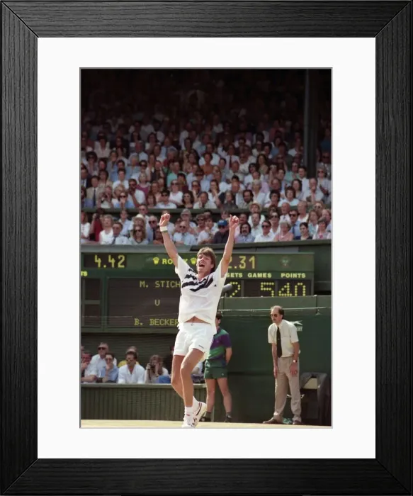 Framed Print : Mens Wimbledon Final. Michael Stich v Boris Becker Stich celebrates Framed Print : Mens Wimbledon Final. Michael Stich v Boris Becker Stich celebrates