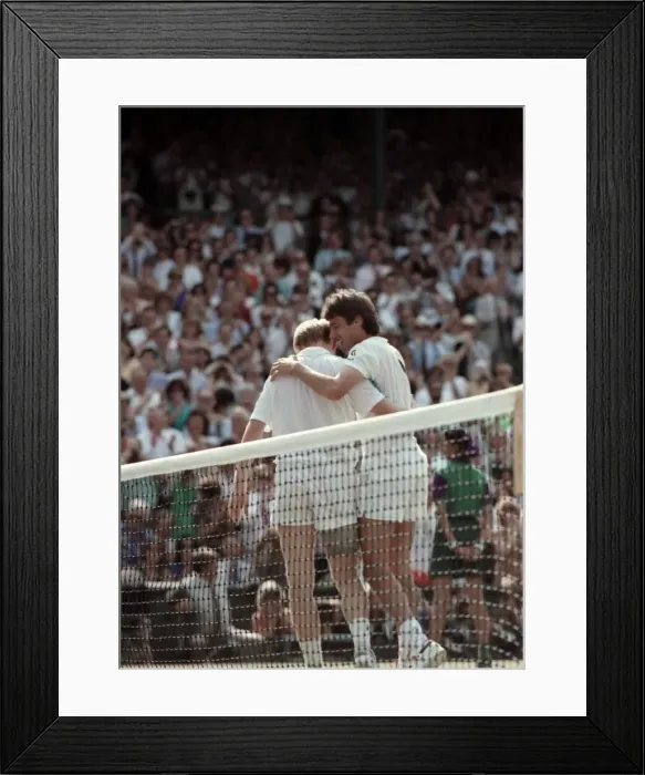 Framed Print : Mens Wimbledon Final. Michael Stich v Boris Becker Stich congratulated by Framed Print : Mens Wimbledon Final. Michael Stich v Boris Becker Stich congratulated by