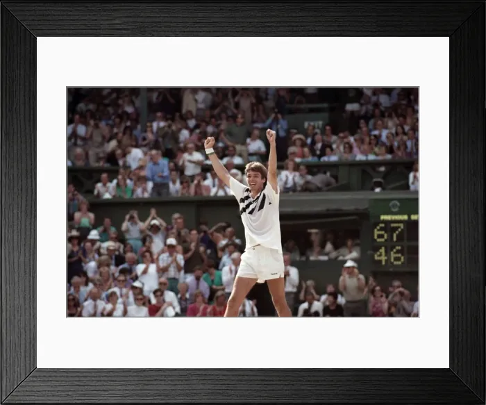 Framed Print : Mens Wimbledon Final. Michael Stich v Boris Becker Stich celebrates Framed Print : Mens Wimbledon Final. Michael Stich v Boris Becker Stich celebrates