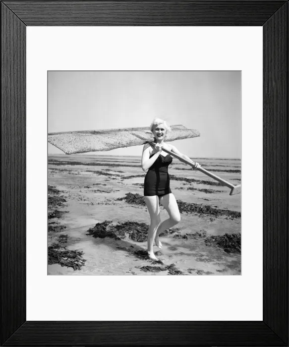 Framed Print : Eve Lynd American actress with shrimping net. May 1950 O24324 Framed Print : Eve Lynd American actress with shrimping net. May 1950 O24324
