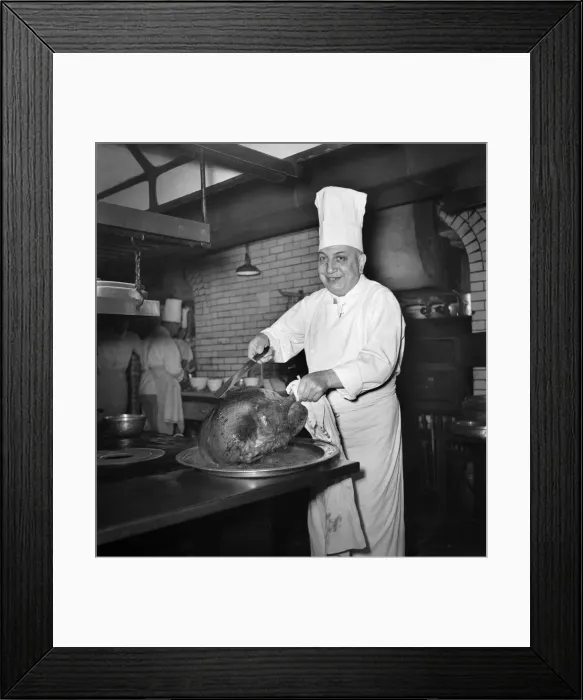 Framed Print : Monsieur Alban, lead chef at Savoy Hotel, with turkey. December 1949 O21983-001 Framed Print : Monsieur Alban, lead chef at Savoy Hotel, with turkey. December 1949 O21983-001
