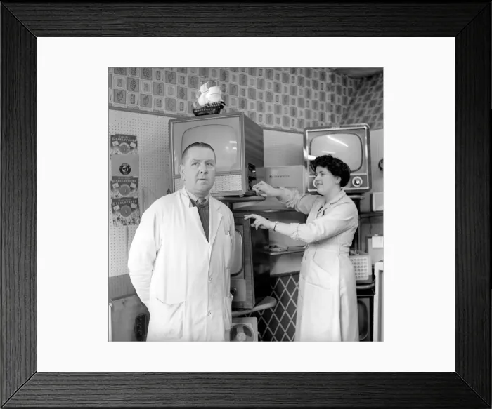 Framed Print : Television rental shop in Leeds town centre. 1956