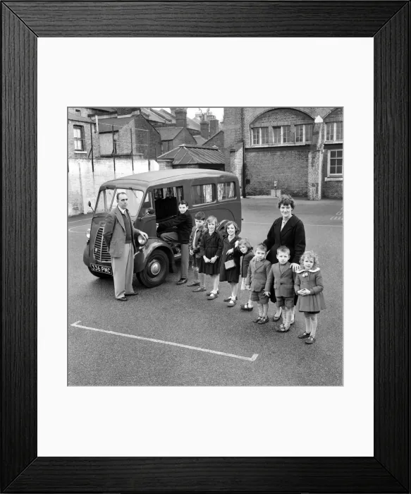 Framed Print : Transport: Early People Carrier: Mr. Barley seen here with the converted van he made into Framed Print : Transport: Early People Carrier: Mr. Barley seen here with the converted van he made into