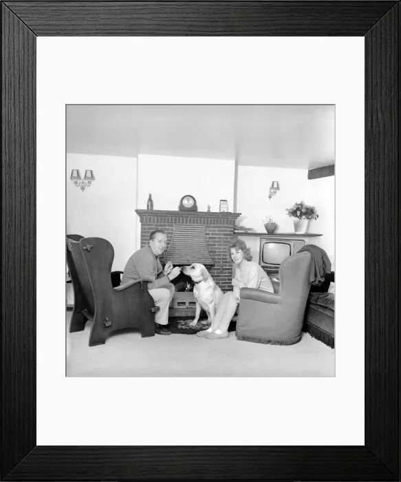 Framed Print : TV actor Hugh Lloyd seen here at home with his wife and pet dog. 1960 A1098