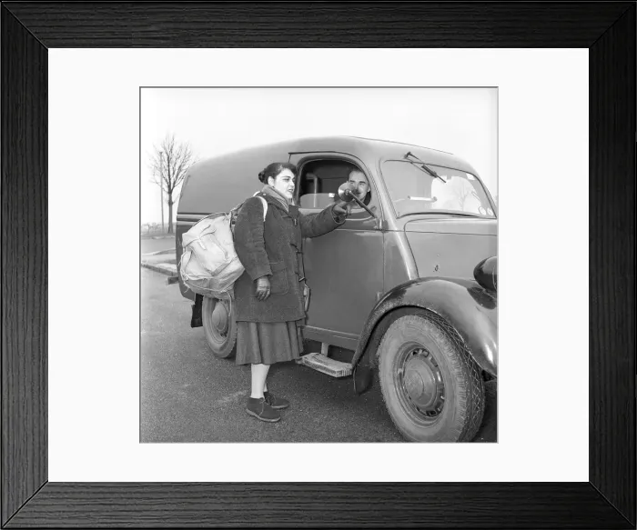 Framed Print : Girl hitch-hiking on the A30. to Southampton Circa 1957 Framed Print : Girl hitch-hiking on the A30. to Southampton Circa 1957