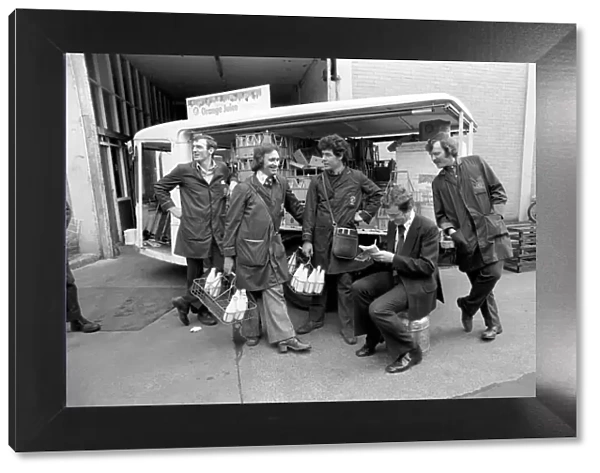 Colin Wills with milkmen from Clifton Street depot of Express Dairy. April 1975
