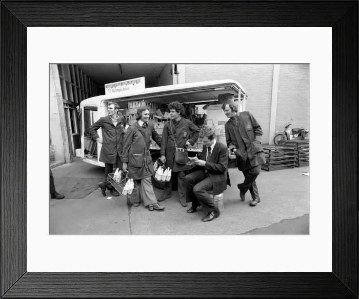 Framed Print : Colin Wills with milkmen from Clifton Street depot of Express Dairy. April 1975 Framed Print : Colin Wills with milkmen from Clifton Street depot of Express Dairy. April 1975