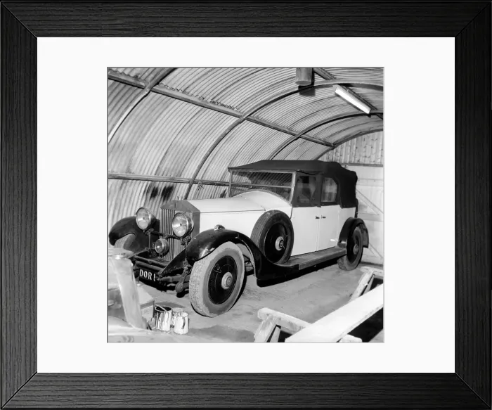Framed Print : Veteran Rolls Royce car stored in nissen hut. 1963 Framed Print : Veteran Rolls Royce car stored in nissen hut. 1963