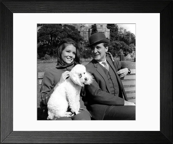Framed Print : Patrick Macnee & Diana Rigg stars of The Avengers 1966 sitting on park bench with a Framed Print : Patrick Macnee & Diana Rigg stars of The Avengers 1966 sitting on park bench with a