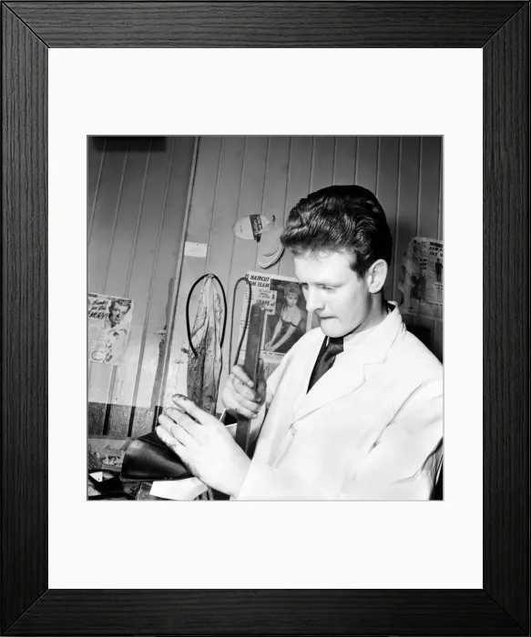 Framed Print : Occupations: Cobbler Mr. Steptowe seen here working at his sewing machine in his workshop Framed Print : Occupations: Cobbler Mr. Steptowe seen here working at his sewing machine in his workshop