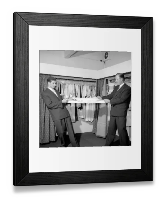 Framed Print : Keystone Knitting Mills: New man made fabrics are put to the strength test at the mill Framed Print : Keystone Knitting Mills: New man made fabrics are put to the strength test at the mill